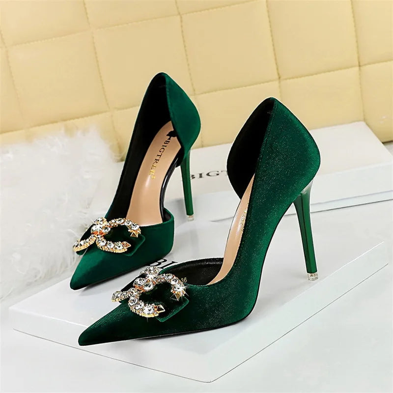 High Heel Rhinestone Buckle Bow Green Pink Pointed Toe Party Pumps Velvet Luxury Elegant Wedding Evening Shoes