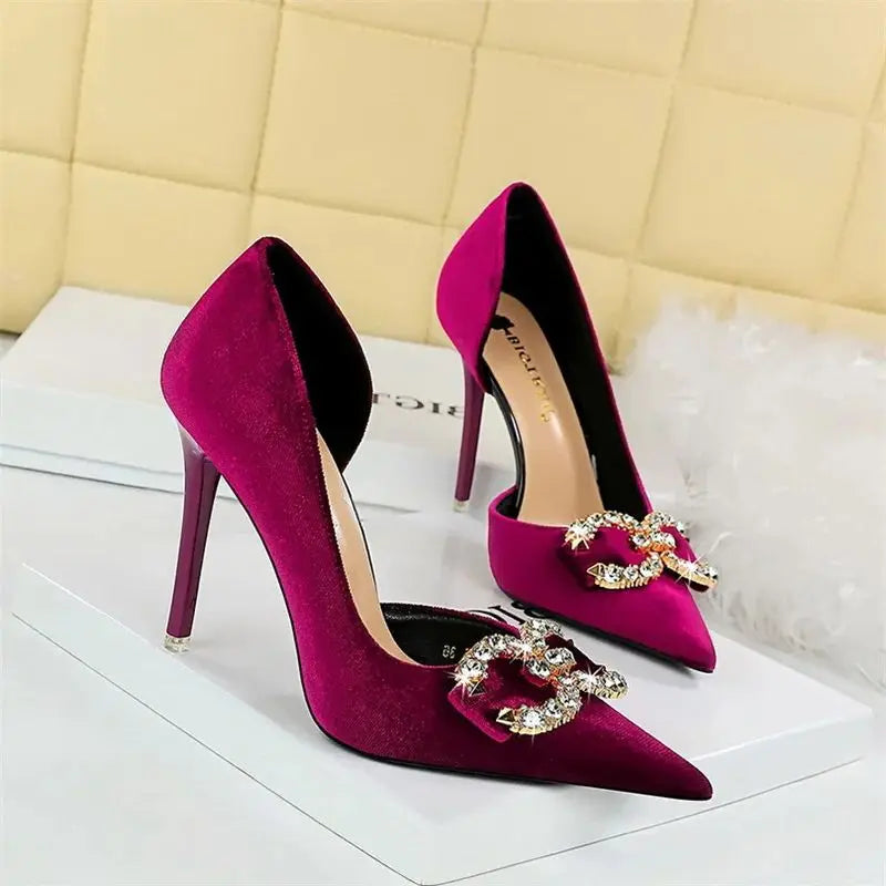 High Heel Rhinestone Buckle Bow Green Pink Pointed Toe Party Pumps Velvet Luxury Elegant Wedding Evening Shoes