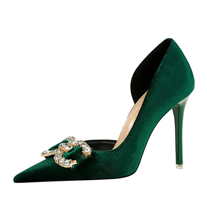 High Heel Rhinestone Buckle Bow Green Pink Pointed Toe Party Pumps Velvet Luxury Elegant Wedding Evening Shoes