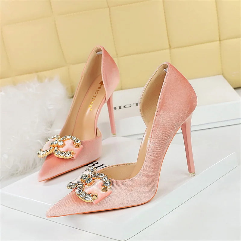 High Heel Rhinestone Buckle Bow Green Pink Pointed Toe Party Pumps Velvet Luxury Elegant Wedding Evening Shoes