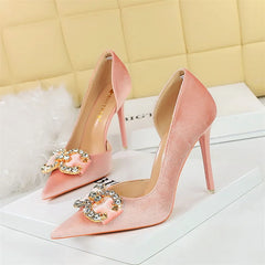 High Heel Rhinestone Buckle Bow Green Pink Pointed Toe Party Pumps Velvet Luxury Elegant Wedding Evening Shoes