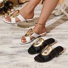 Sandals Snake Print Slides Gold Metal Buckle Open Toe Wedge Casual Shoes