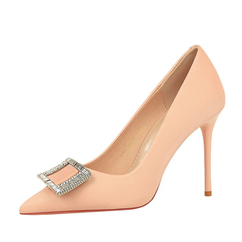 Fashionable High Heels With Light Mouth Square Buckle Rhinestone Slim Heels Single Shoes Pointed Toe High-End Shoes