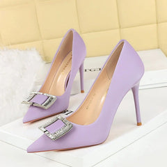 Fashionable High Heels With Light Mouth Square Buckle Rhinestone Slim Heels Single Shoes Pointed Toe High-End Shoes