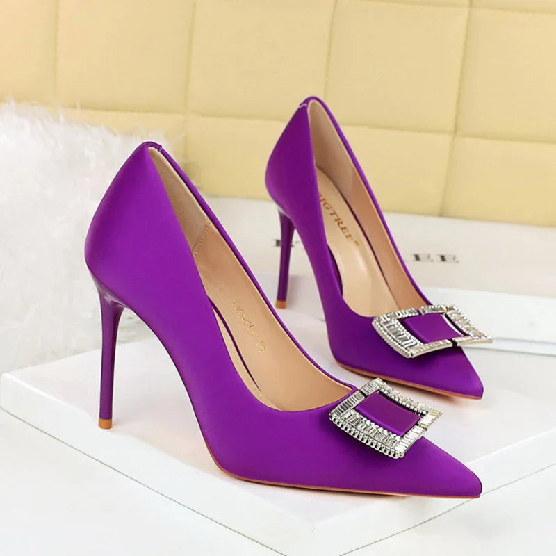 Fashionable High Heels With Light Mouth Square Buckle Rhinestone Slim Heels Single Shoes Pointed Toe High-End Shoes
