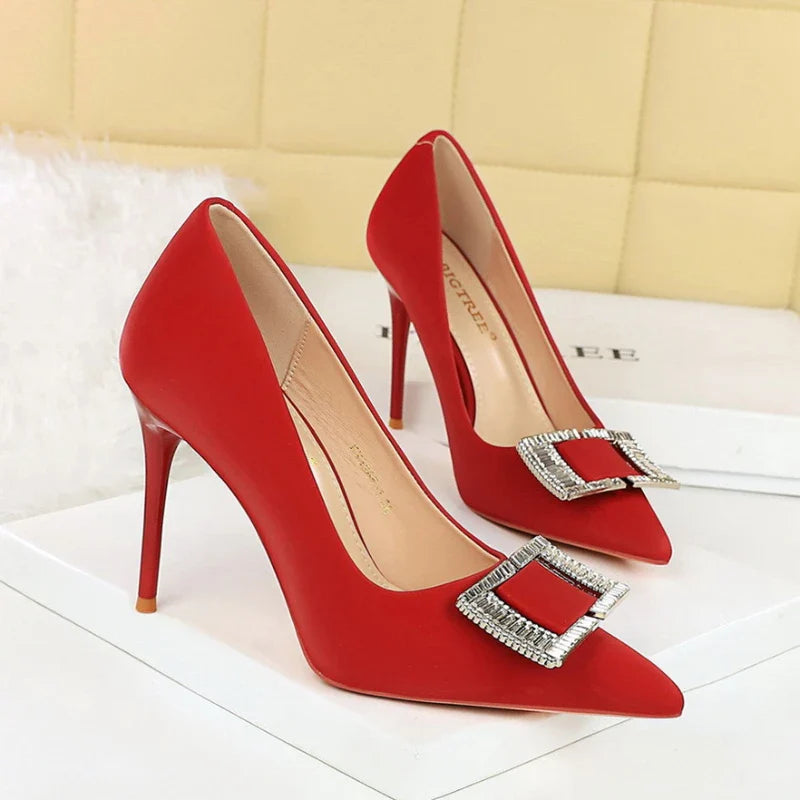 Fashionable High Heels With Light Mouth Square Buckle Rhinestone Slim Heels Single Shoes Pointed Toe High-End Shoes