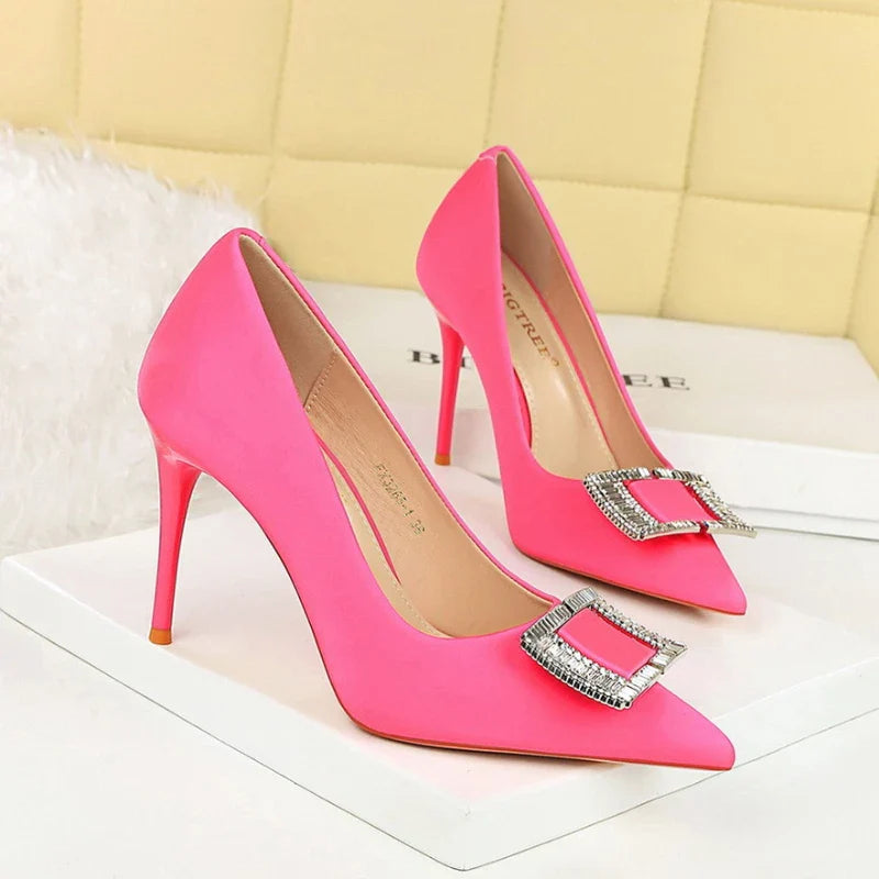 Fashionable High Heels With Light Mouth Square Buckle Rhinestone Slim Heels Single Shoes Pointed Toe High-End Shoes