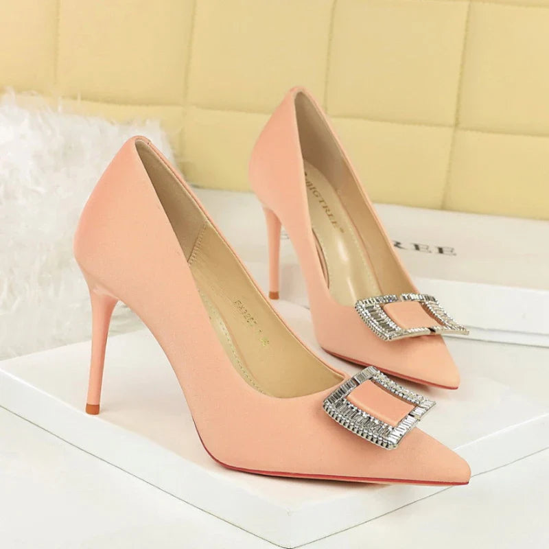 Fashionable High Heels With Light Mouth Square Buckle Rhinestone Slim Heels Single Shoes Pointed Toe High-End Shoes
