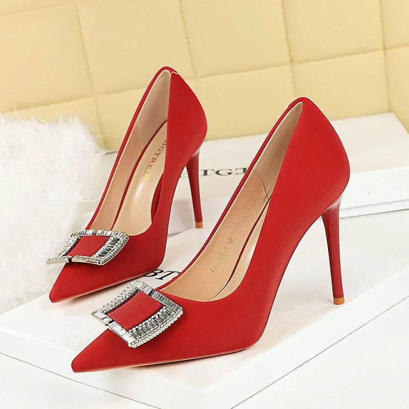 Fashionable High Heels With Light Mouth Square Buckle Rhinestone Slim Heels Single Shoes Pointed Toe High-End Shoes