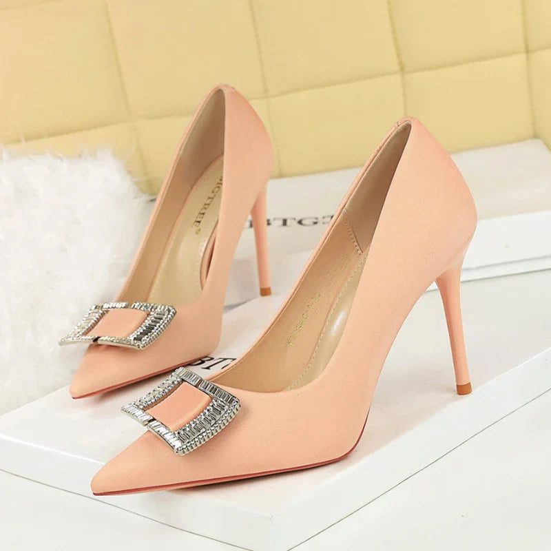 Fashionable High Heels With Light Mouth Square Buckle Rhinestone Slim Heels Single Shoes Pointed Toe High-End Shoes