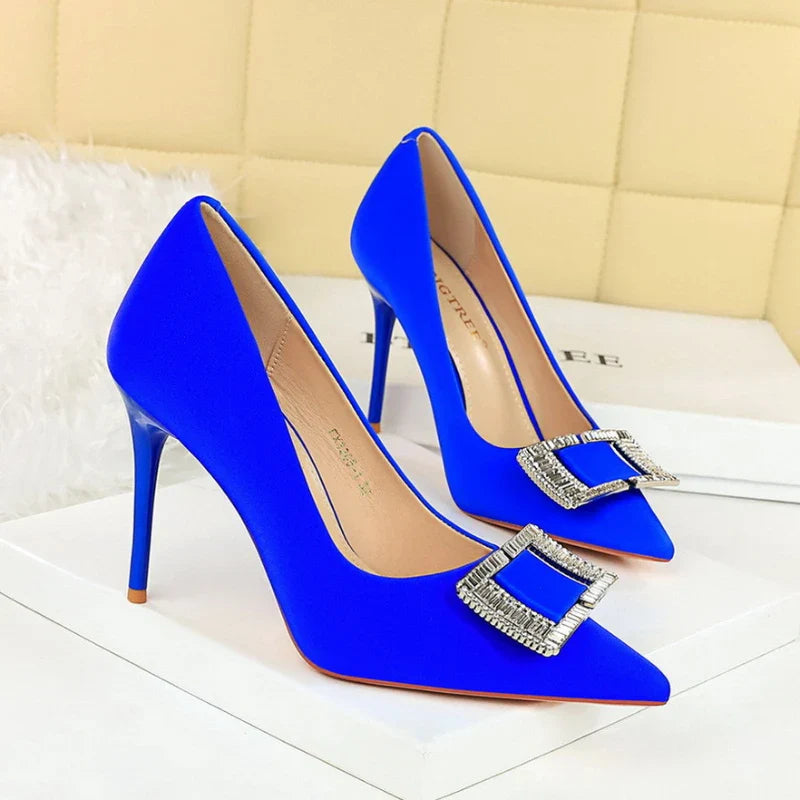 Fashionable High Heels With Light Mouth Square Buckle Rhinestone Slim Heels Single Shoes Pointed Toe High-End Shoes