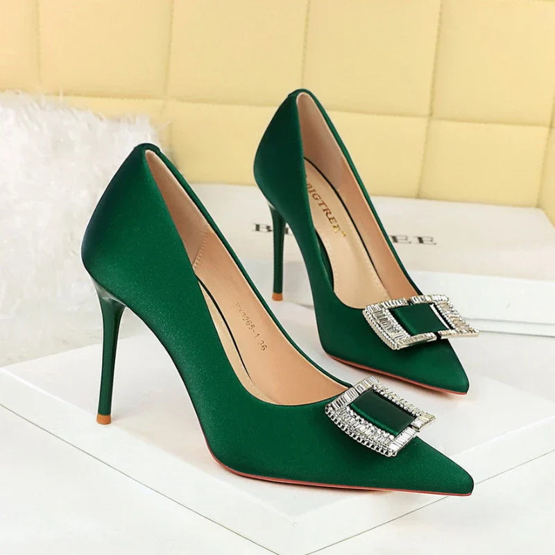 Fashionable High Heels With Light Mouth Square Buckle Rhinestone Slim Heels Single Shoes Pointed Toe High-End Shoes