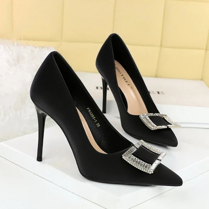Fashionable High Heels With Light Mouth Square Buckle Rhinestone Slim Heels Single Shoes Pointed Toe High-End Shoes