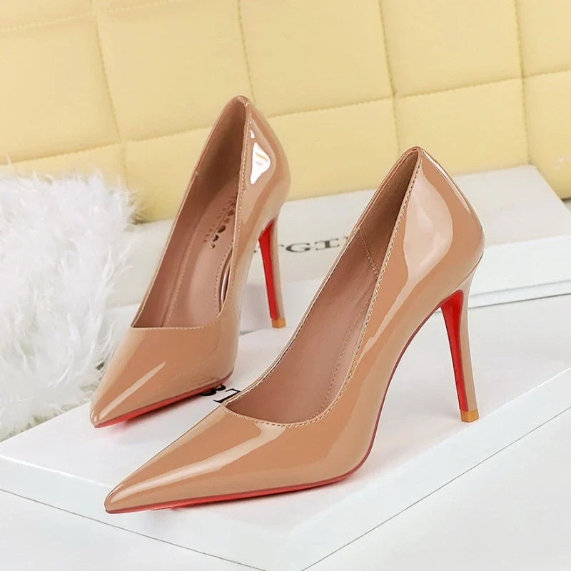 Fashionable Simple Slim Heels High Heels Glossy Patent Leather Shallow Mouth Pointed Toe Shoes High Heels Single Shoes