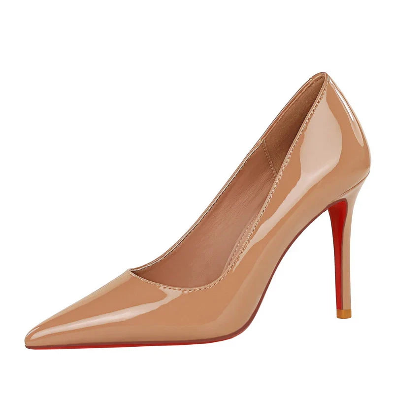 Fashionable Simple Slim Heels High Heels Glossy Patent Leather Shallow Mouth Pointed Toe Shoes High Heels Single Shoes