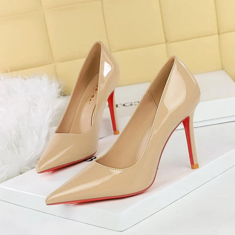 Fashionable Simple Slim Heels High Heels Glossy Patent Leather Shallow Mouth Pointed Toe Shoes High Heels Single Shoes
