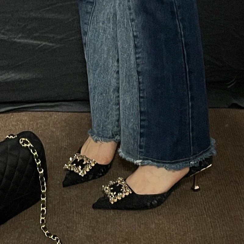 Fashionable crystal square buckle exquisite high-heeled shoes