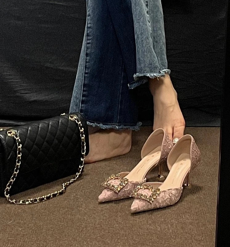 Fashionable crystal square buckle exquisite high-heeled shoes