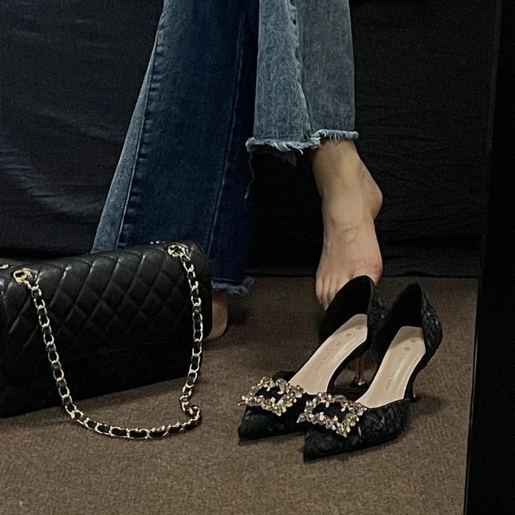 Fashionable crystal square buckle exquisite high-heeled shoes