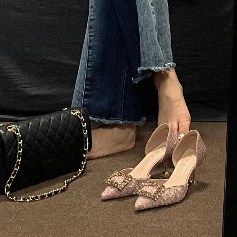 Fashionable crystal square buckle exquisite high-heeled shoes