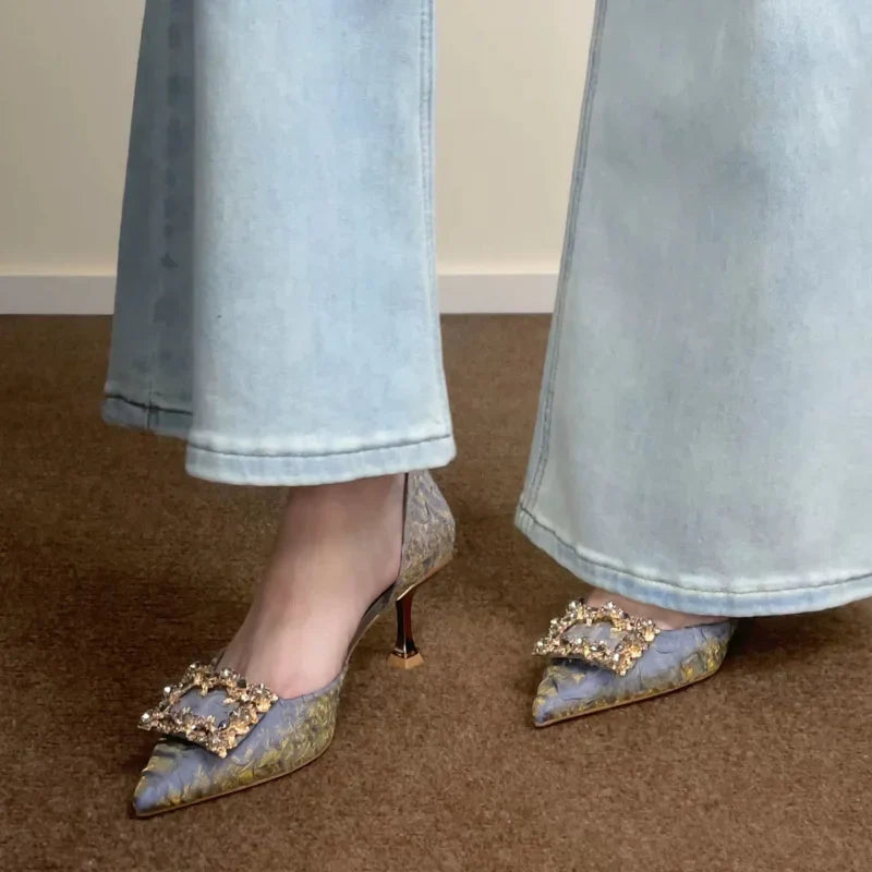 Fashionable crystal square buckle exquisite high-heeled shoes