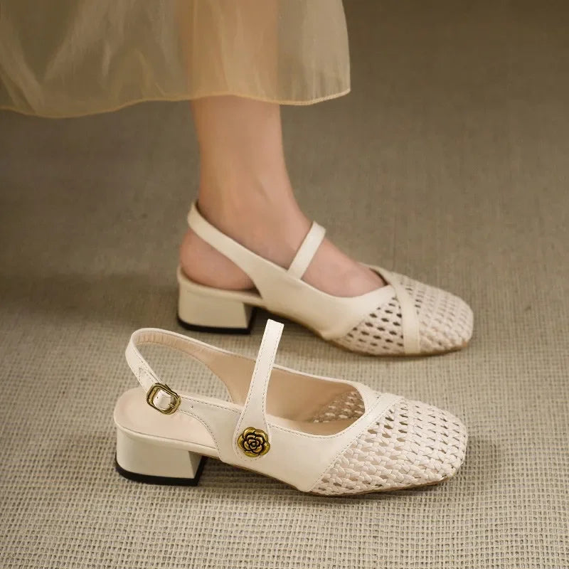 Fashionable square-toed woven high-heeled sandals