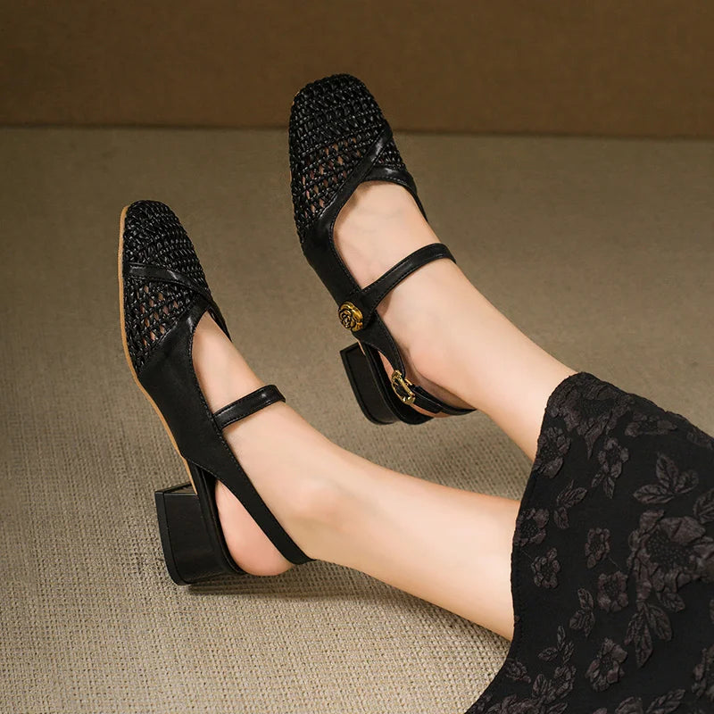 Fashionable square-toed woven high-heeled sandals