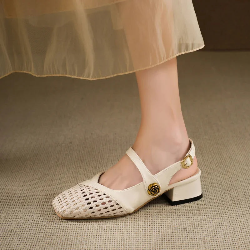 Fashionable square-toed woven high-heeled sandals