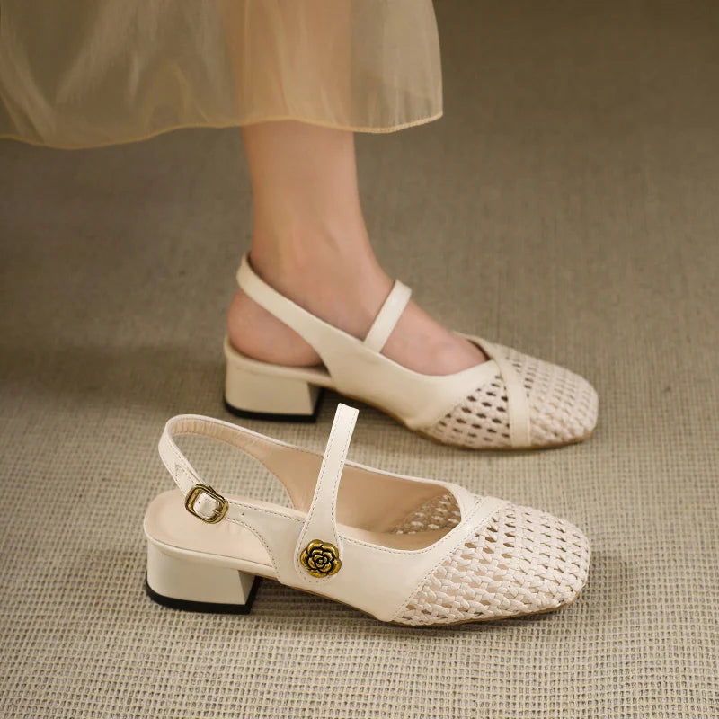 Fashionable square-toed woven high-heeled sandals