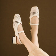 Fashionable square-toed woven high-heeled sandals