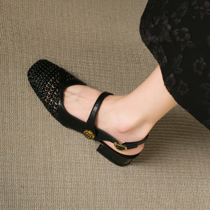 Fashionable square-toed woven high-heeled sandals