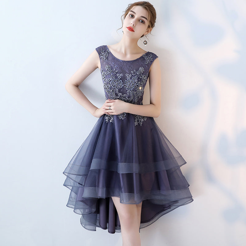 Fashionable High Low Round Neckline Lace Homecoming Dresses