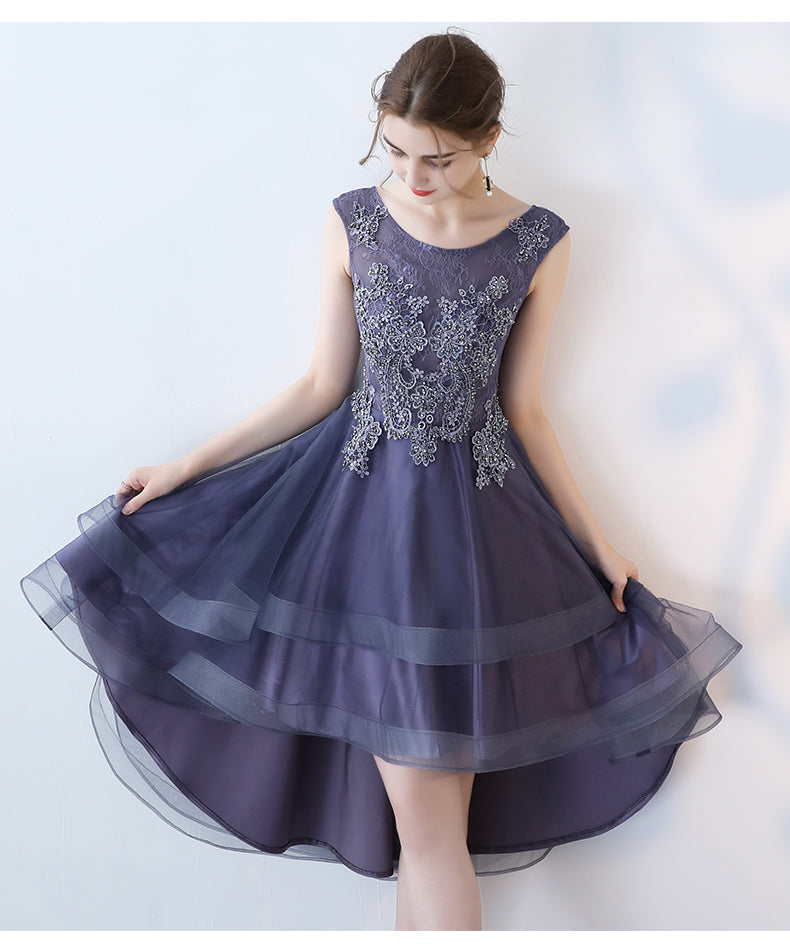 Fashionable High Low Round Neckline Lace Homecoming Dresses