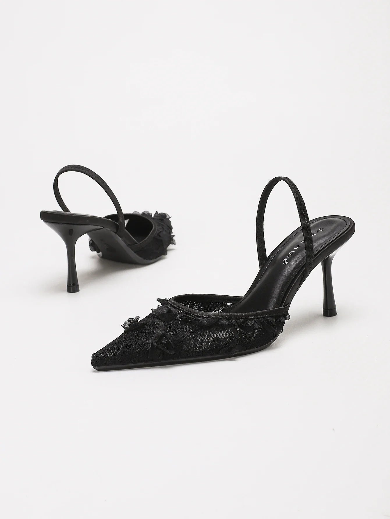 Floral Lace Mesh Pointed Toe Slingback Heels