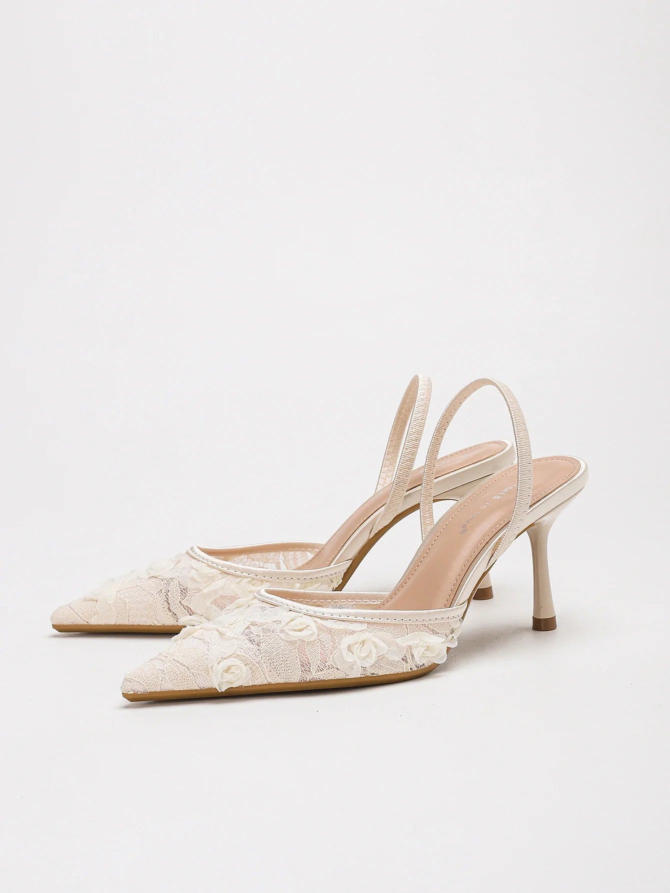 Floral Lace Mesh Pointed Toe Slingback Heels