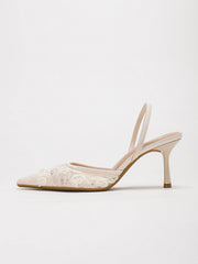Floral Lace Mesh Pointed Toe Slingback Heels