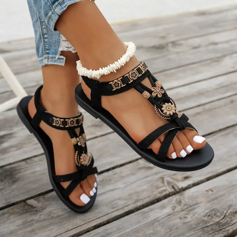 Flower Beaded Bohemian Sandals Roman Style Comfortable Flat Sandals Woman Lightweight Non Slip Beach Shoes