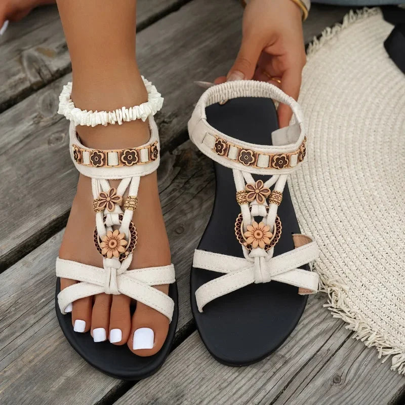 Flower Beaded Bohemian Sandals Roman Style Comfortable Flat Sandals Woman Lightweight Non Slip Beach Shoes