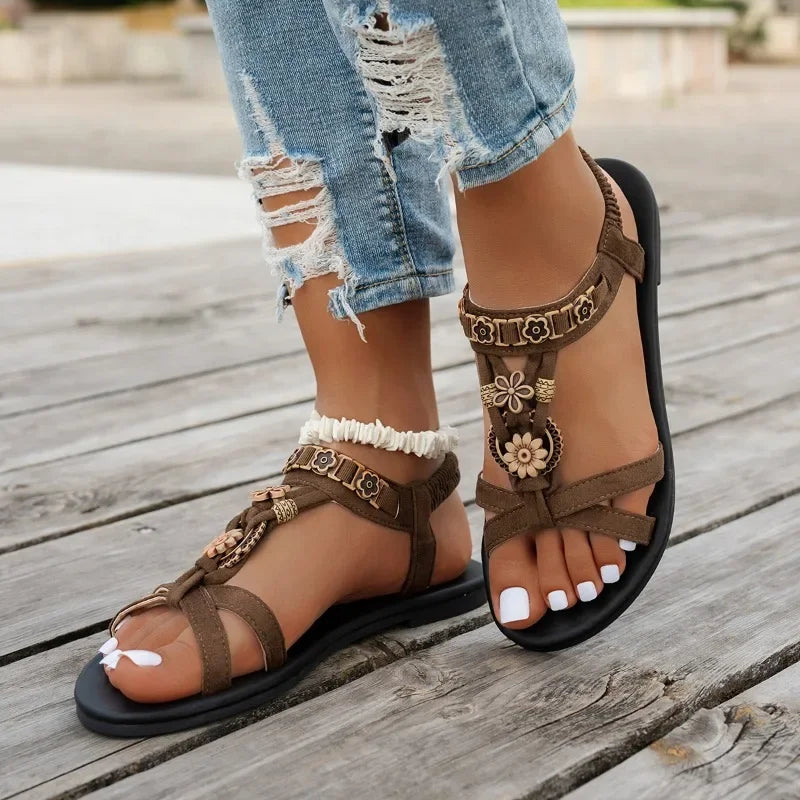 Flower Beaded Bohemian Sandals Roman Style Comfortable Flat Sandals Woman Lightweight Non Slip Beach Shoes