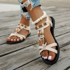 Flower Beaded Bohemian Sandals Roman Style Comfortable Flat Sandals Woman Lightweight Non Slip Beach Shoes