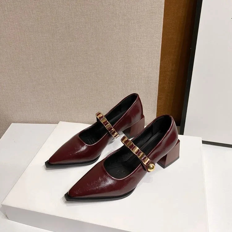 French retro pointedtoe high heels high-end leather Mary Jane shoes single strap thick heel large size shoes