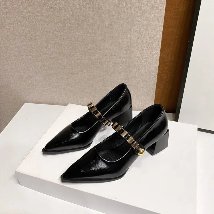 French retro pointedtoe high heels high-end leather Mary Jane shoes single strap thick heel large size shoes