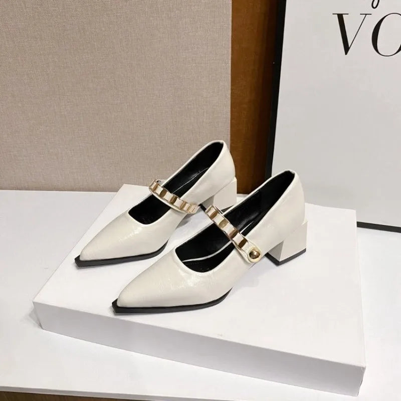 French retro pointedtoe high heels high-end leather Mary Jane shoes single strap thick heel large size shoes