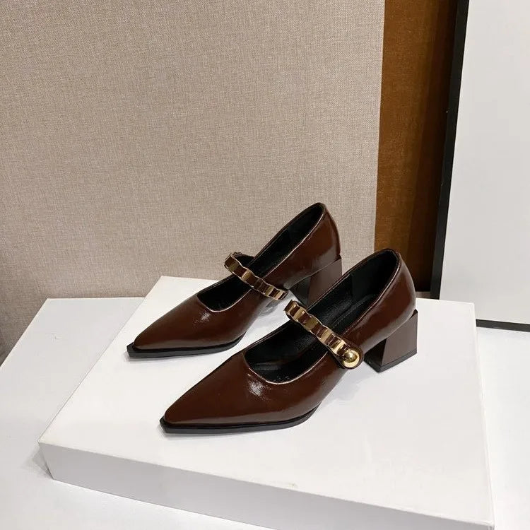 French retro pointedtoe high heels high-end leather Mary Jane shoes single strap thick heel large size shoes