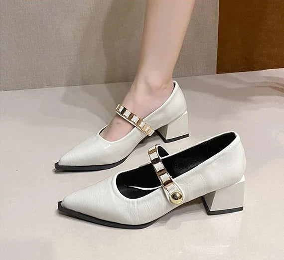 French retro pointedtoe high heels high-end leather Mary Jane shoes single strap thick heel large size shoes