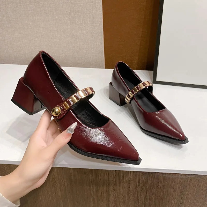 French retro pointedtoe high heels high-end leather Mary Jane shoes single strap thick heel large size shoes