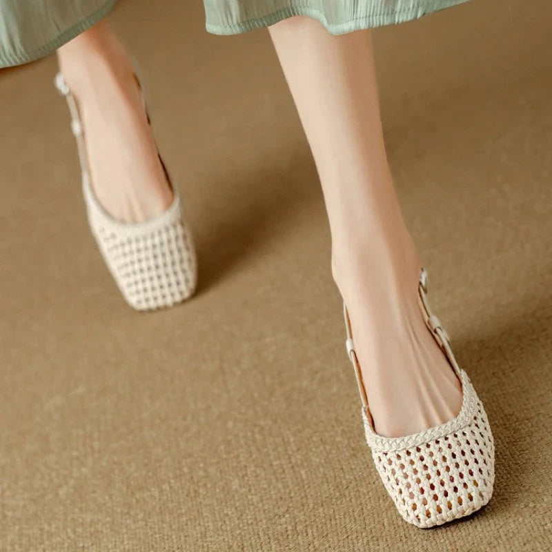 French-style square-toe woven high-heeled sandals
