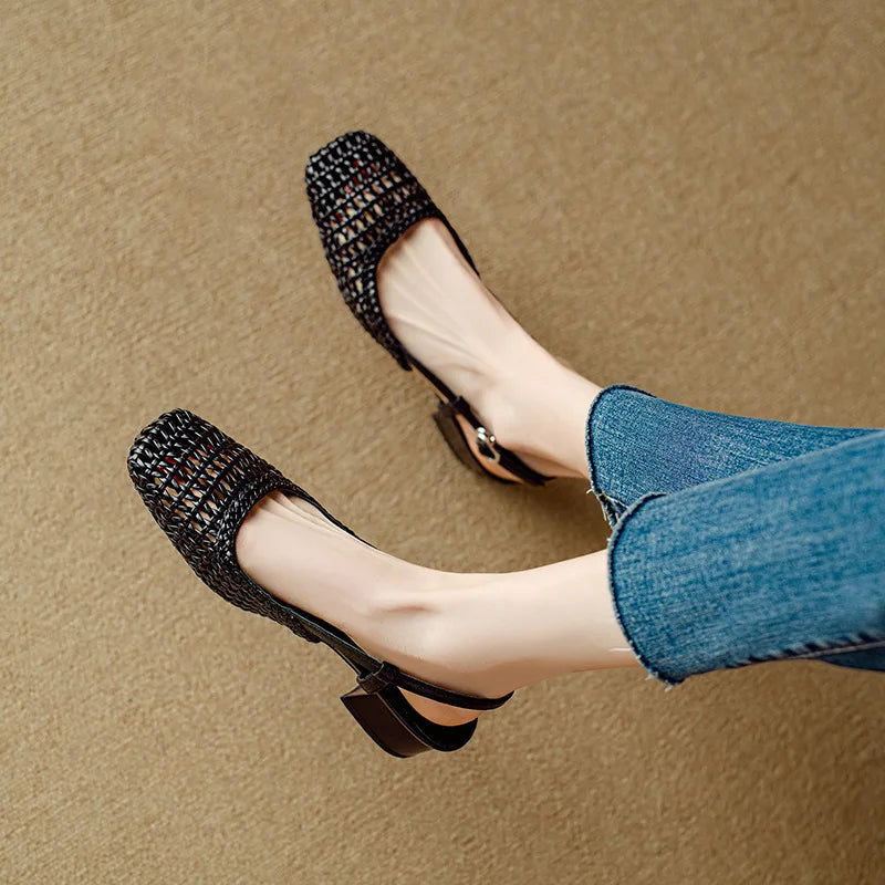 French-style square-toe woven high-heeled sandals