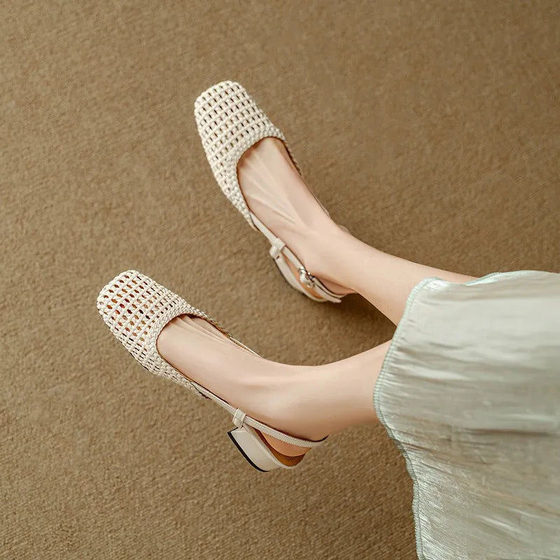 French-style square-toe woven high-heeled sandals