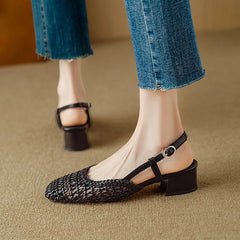 French-style square-toe woven high-heeled sandals